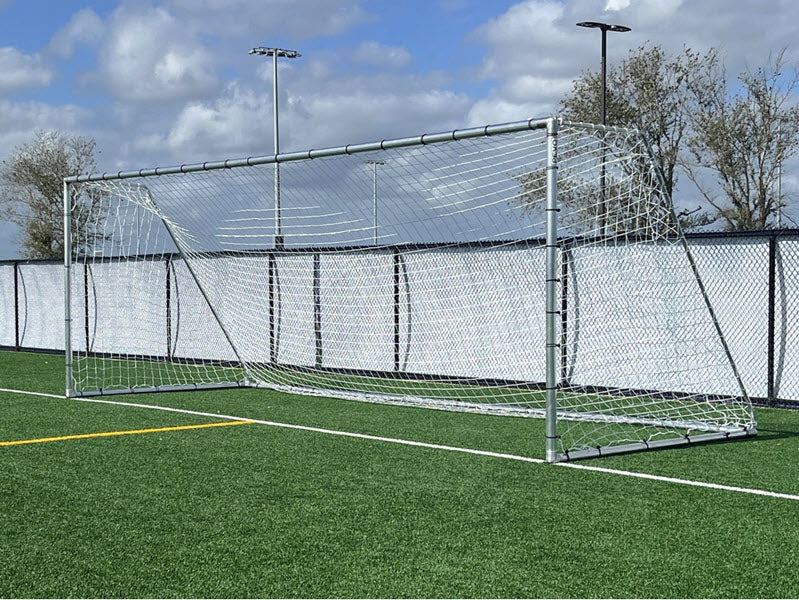 PEVO 6.5x18.5 Economy Soccer Goal shown from side angle