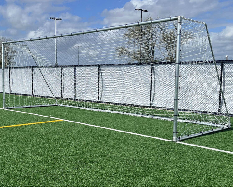 PEVO 6.5x18.5 Economy Soccer Goal shown from side angle