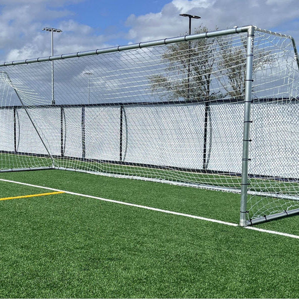 PEVO 6.5x18.5 Economy Soccer Goal shown from side angle