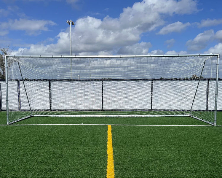 Front view of PEVO 6.5x18.5 Economy aluminum soccer goal