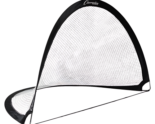 Front angle view of portable pop-up soccer goal with black half-moon frame, reinforced white mesh netting, and foldable steel support base for youth practice and backyard games