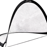 Front angle view of portable pop-up soccer goal with black half-moon frame, reinforced white mesh netting, and foldable steel support base for youth practice and backyard games