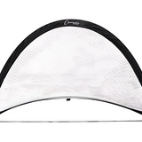 Front view of extreme portable pop-up soccer goal with black half-moon frame, durable white mesh netting, and lightweight foldable steel base for youth training and small-sided games