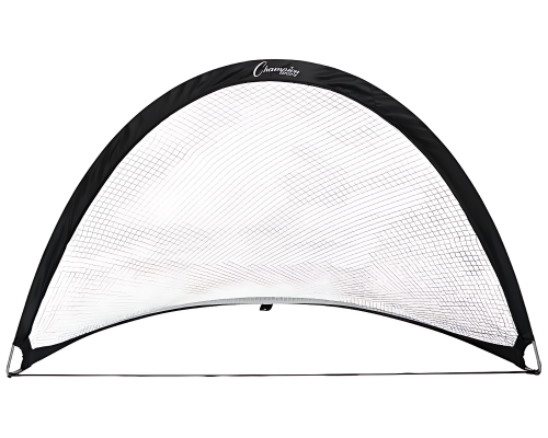 Front view of extreme portable pop-up soccer goal with black half-moon frame, durable white mesh netting, and lightweight foldable steel base for youth training and small-sided games