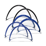 Portable pop-up soccer goals in multiple sizes with blue and black half-moon frames, 8mm white netting, and foldable steel support rods for backyard and youth training sessions