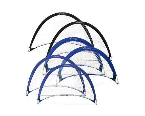 Portable pop-up soccer goals in multiple sizes with blue and black half-moon frames, 8mm white netting, and foldable steel support rods for backyard and youth training sessions