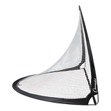 Side profile of extreme portable pop-up soccer goal with black half-moon frame, taut white mesh netting, and curved foldable steel base for backyard practice and youth training drills