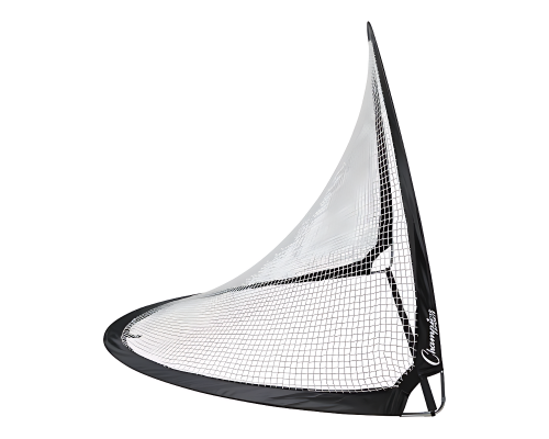 Side profile of extreme portable pop-up soccer goal with black half-moon frame, taut white mesh netting, and curved foldable steel base for backyard practice and youth training drills
