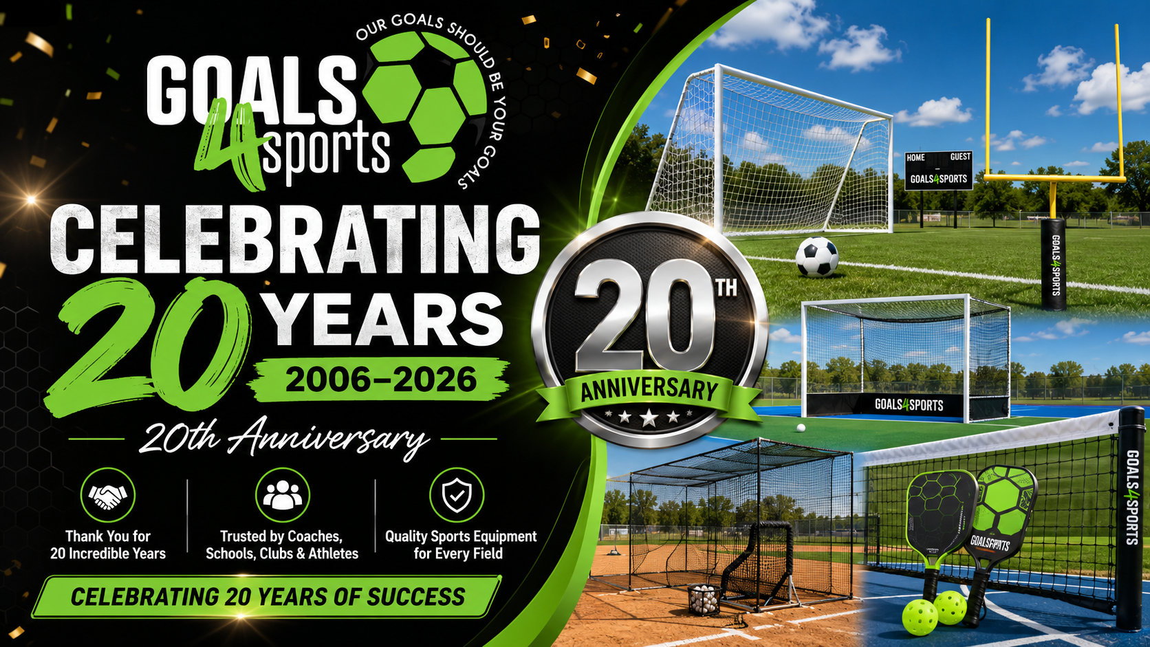  Goals4Sports 20th anniversary banner showing sports equipment, fields, logo, and text celebrating 20 years of success.