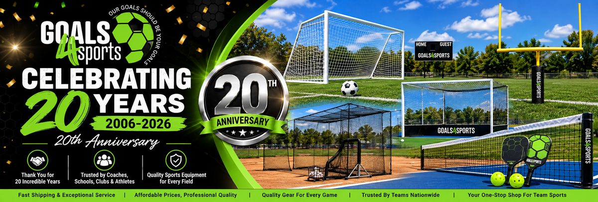 Goals4Sports® 20th Anniversary banner celebrating 20 years, 2006–2026, featuring the company logo, soccer and football goals, baseball batting cage, pickleball equipment, and a commemorative anniversary emblem.