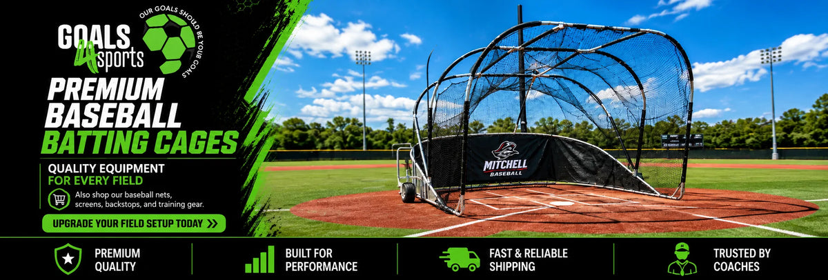 Goals4Sports® Premium Baseball Batting Cages banner featuring a portable batting cage with black netting and protective screen on a baseball field, promoting quality baseball training equipment.