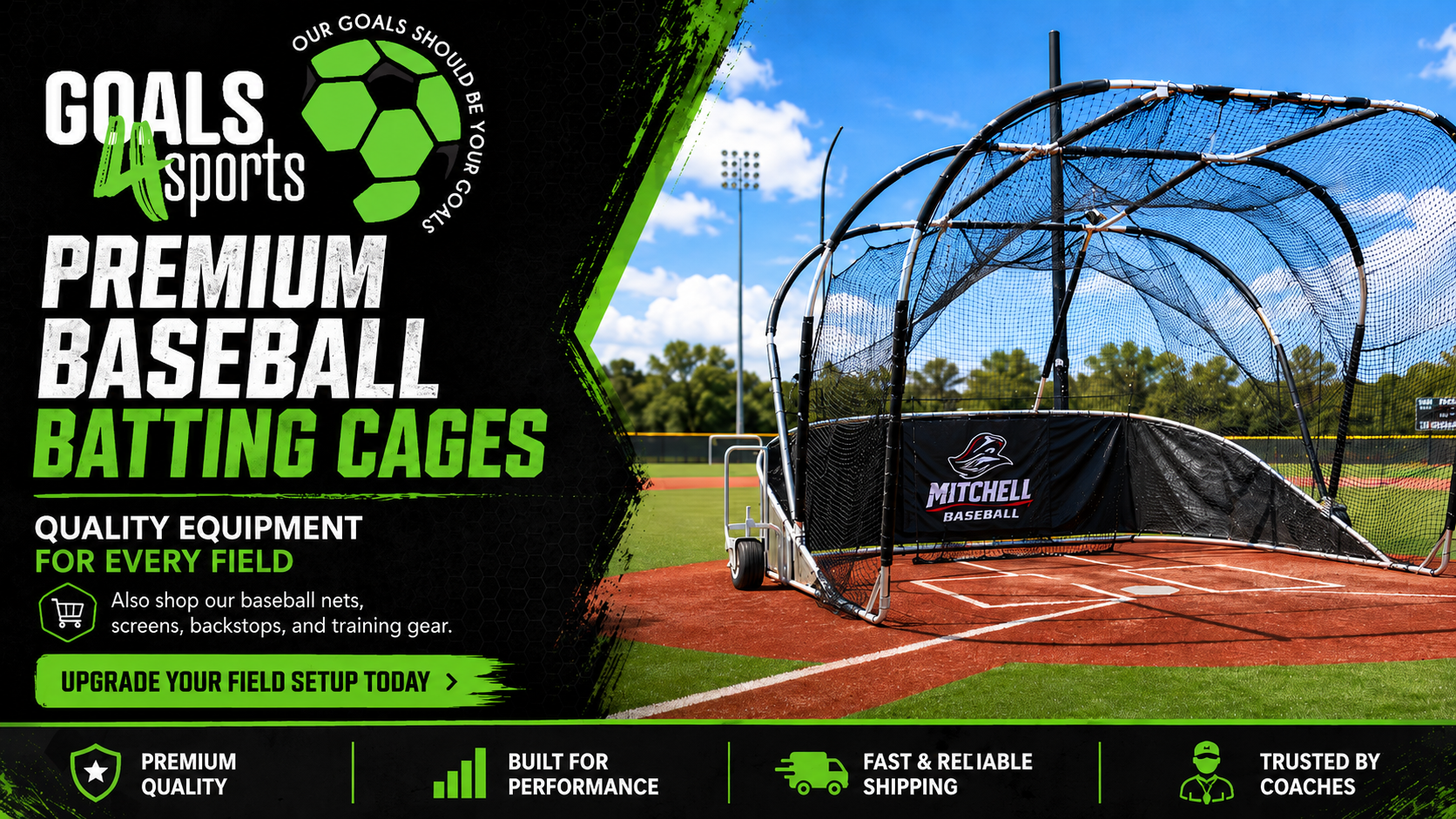  Field hockey goals on a turf field with Goals4Sports branding and text promoting premium field equipment.