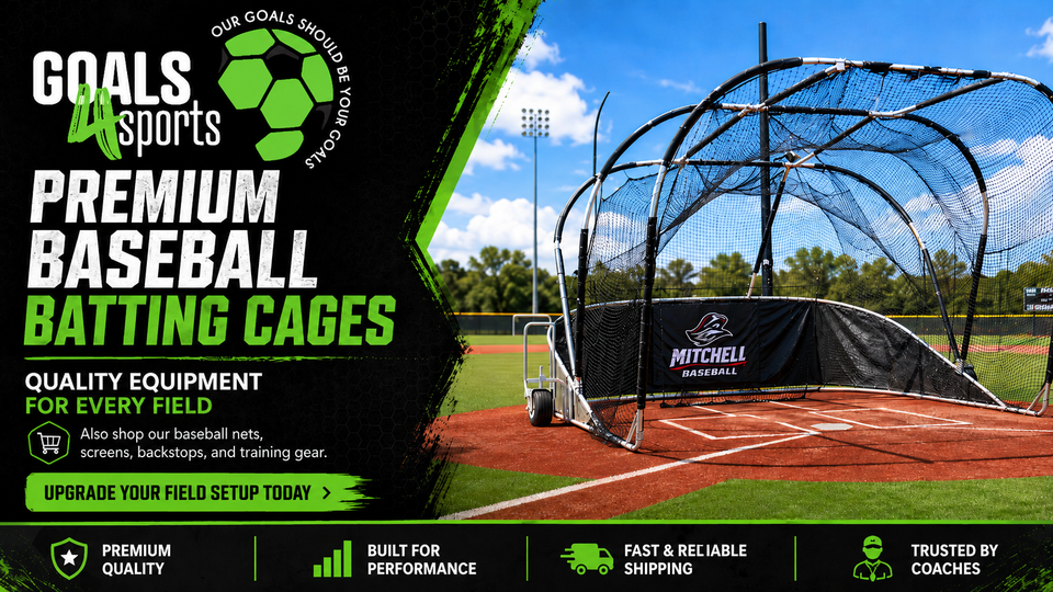  Field hockey goals on a turf field with Goals4Sports branding and text promoting premium field equipment.