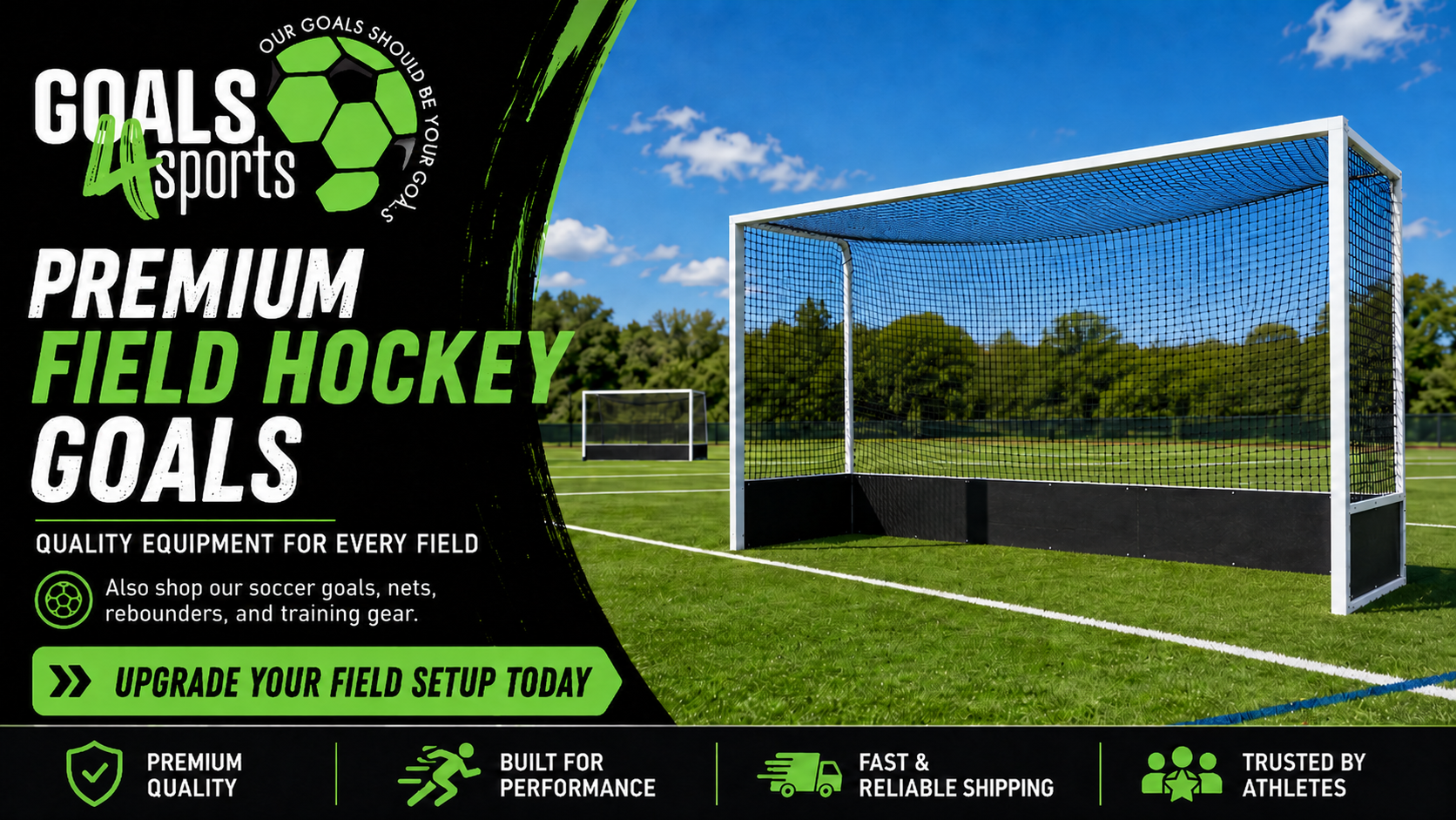  Field hockey goals on a turf field with Goals4Sports branding and text promoting premium field equipment.