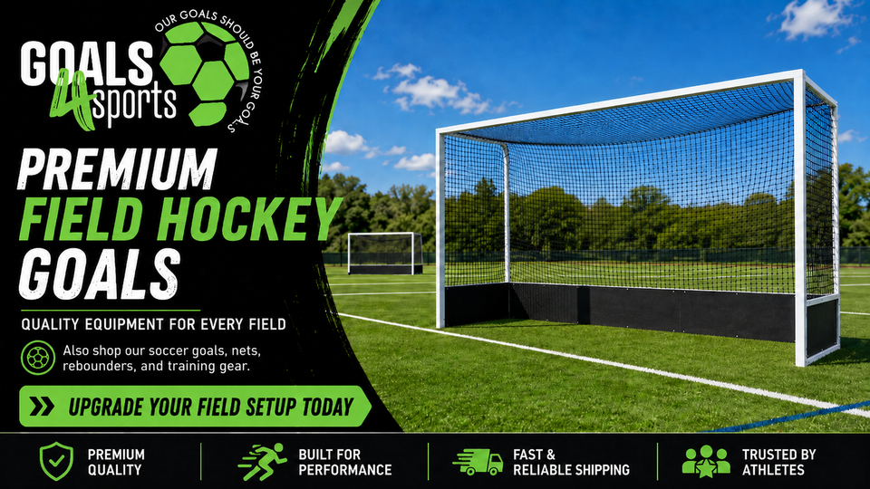  Field hockey goals on a turf field with Goals4Sports branding and text promoting premium field equipment.