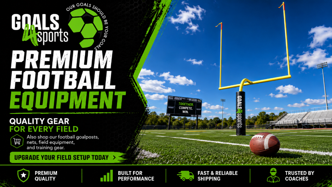  Football field with goalposts, football, and Goals4Sports branding promoting premium football equipment.