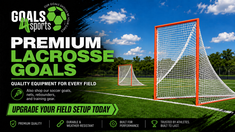  Orange lacrosse goals on a turf field with Goals4Sports branding and text promoting premium lacrosse equipment.