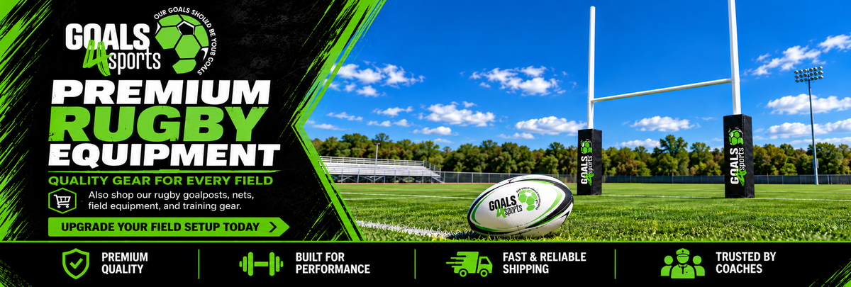 Goals4Sports® Premium Rugby Equipment banner featuring white rugby goalposts with branded protective padding, a rugby ball on green turf, and the message Quality Gear for Every Field.