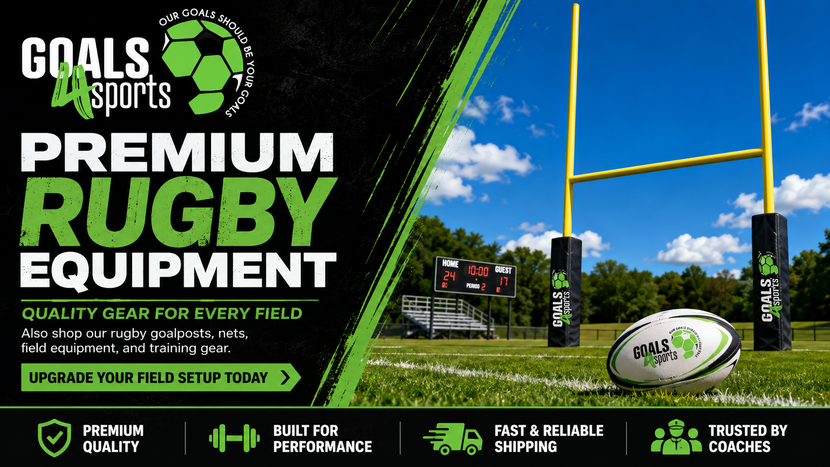 Rugby goalposts and ball on a field with Goals4Sports branding promoting premium rugby equipment.