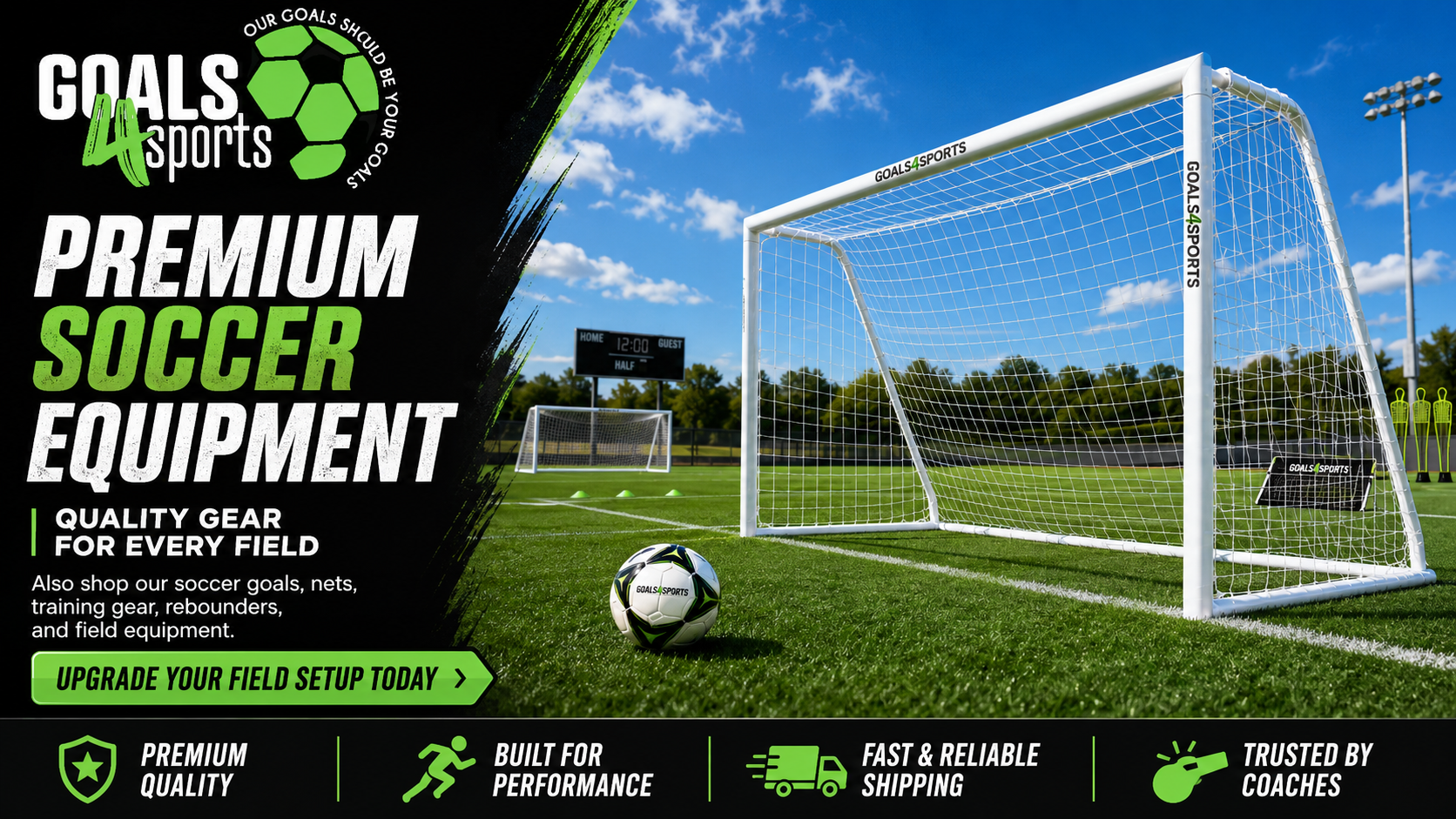  Soccer goal, ball, and training equipment on a field with Goals4Sports branding promoting premium soccer gear.