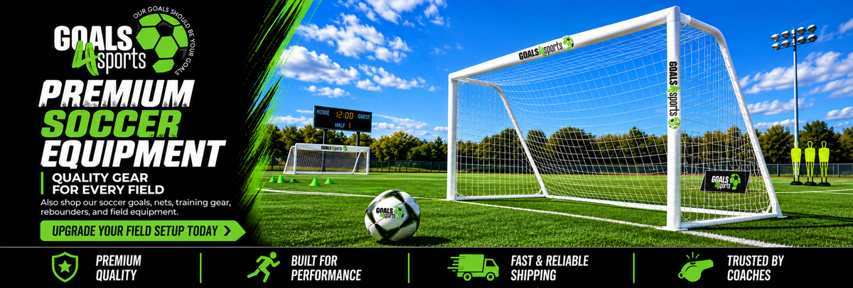 Goals4Sports® Premium Soccer Equipment banner featuring a full-size aluminum soccer goal, net, soccer ball, training equipment, and promotional text highlighting quality sports gear for every field.