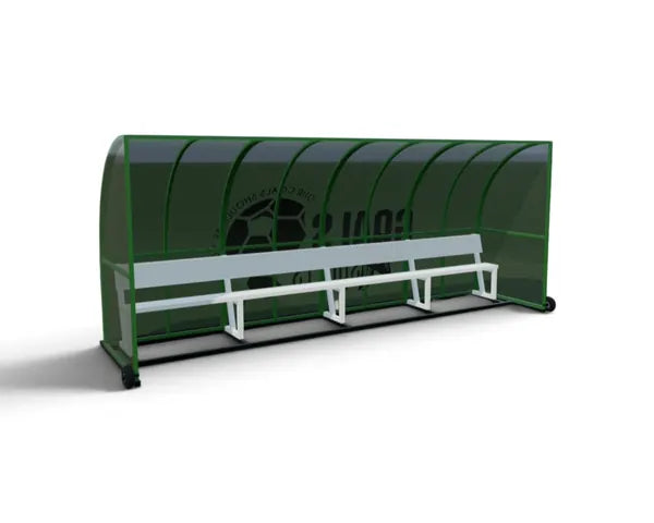 Green covered sports team shelter with white player benches, designed for sidelines at soccer and athletic fields.