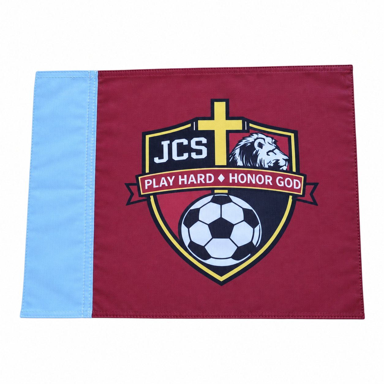 Burgundy JCS custom soccer corner flag with team crest