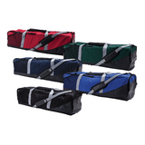 Extra large lacrosse equipment bags in red, green, navy, royal blue, and black with full-length stick compartment and adjustable shoulder straps offered by Goals4Sports®