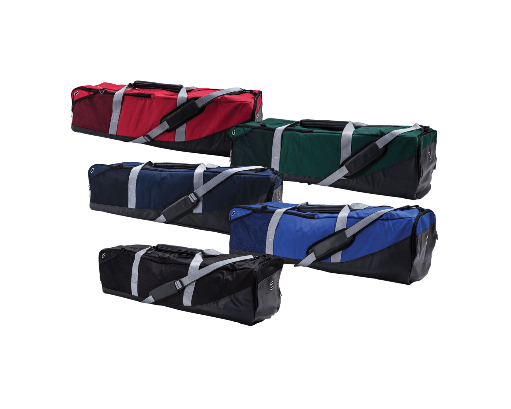 Extra large lacrosse equipment bags in red, green, navy, royal blue, and black with full-length stick compartment and adjustable shoulder straps offered by Goals4Sports®