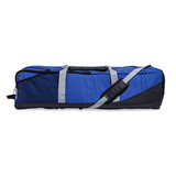 Royal blue lacrosse equipment bag with heavy-duty nylon construction and adjustable shoulder strap