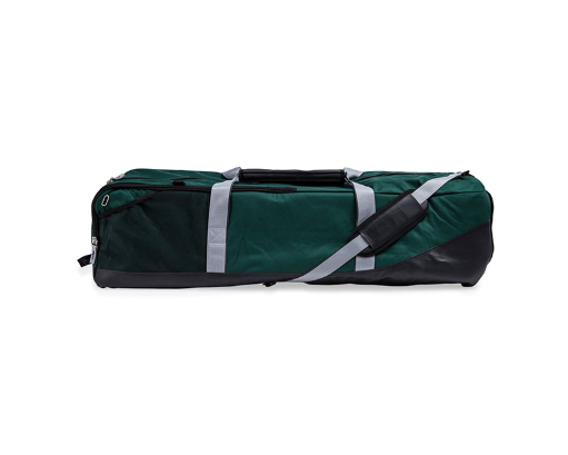 Green oversized lacrosse gear bag with full stick compartment and reinforced waterproof base