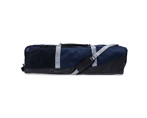 Navy blue lacrosse equipment duffle bag with stick holder and large main compartment