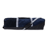 Navy blue lacrosse equipment duffle bag with stick holder and large main compartment