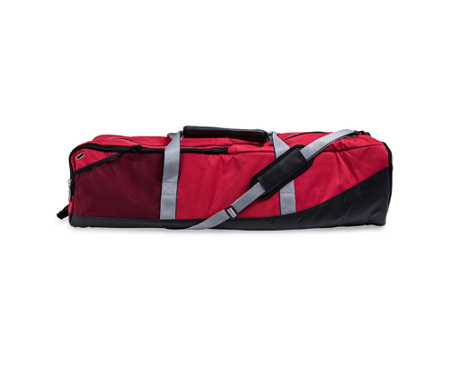 Red extra large lacrosse equipment bag with adjustable strap and waterproof bottom panel