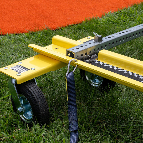Close-up of Mound Taxi wheel, strap, aluminum rail, and locking pin assembly