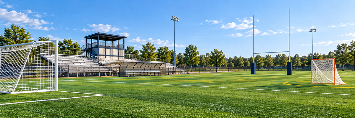 Multi-sport athletic field with soccer goals, rugby goalposts, a lacrosse goal, bleachers, team shelter, and press box under a blue sky.