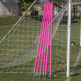 Pink Unbreakable Pro Agility Poles against the goal