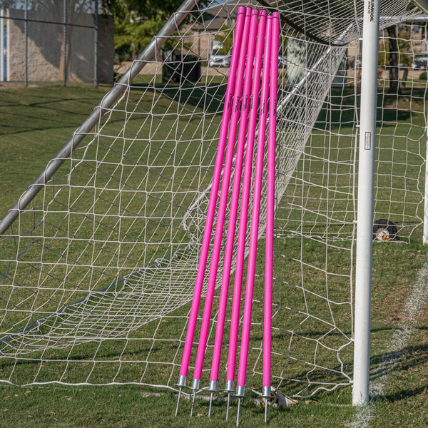 Pink Unbreakable Pro Agility Poles against the goal
