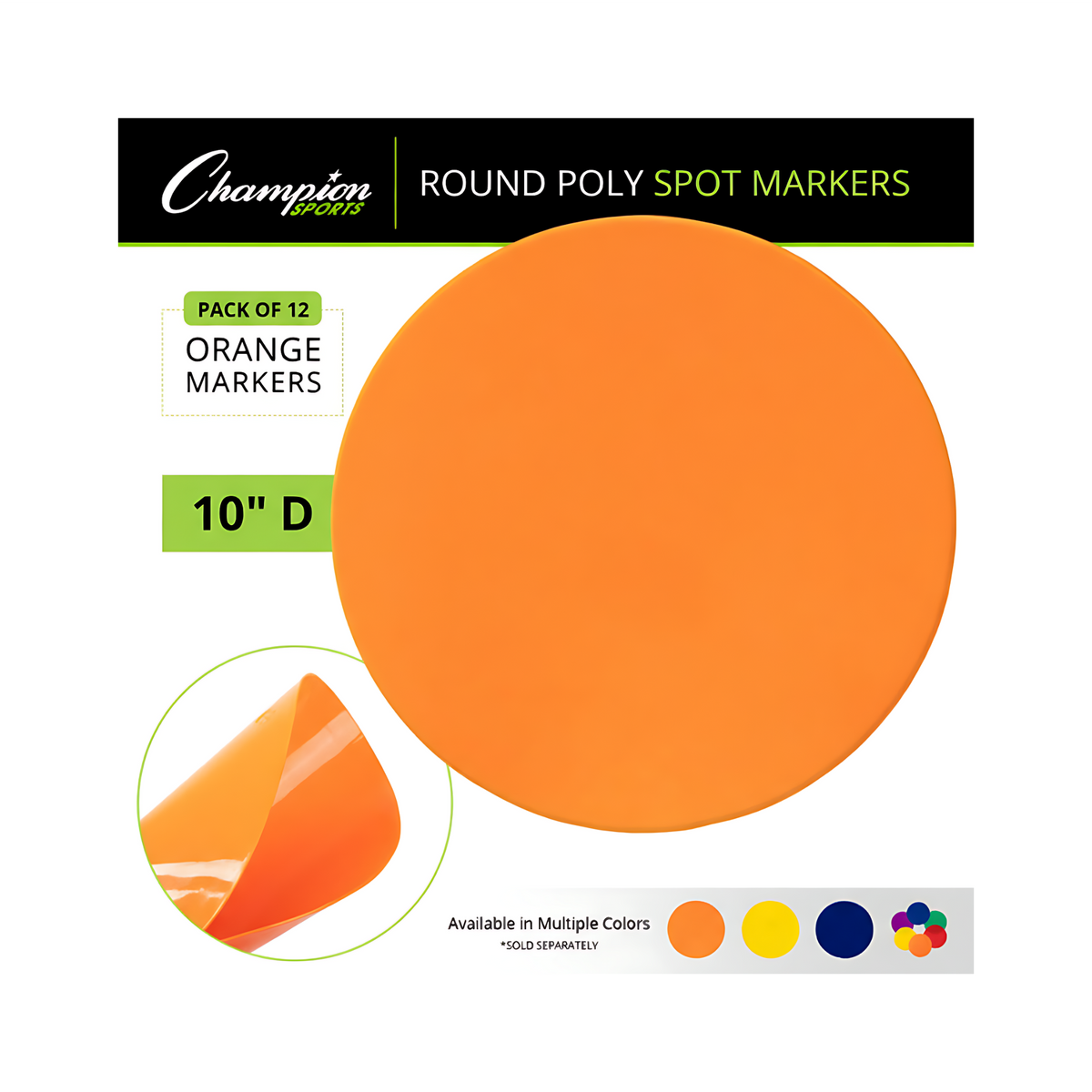 Champion Sports orange round poly spot markers pack of 12 featuring 10-inch non-skid vinyl markers for gym class, PE, and sports training drills