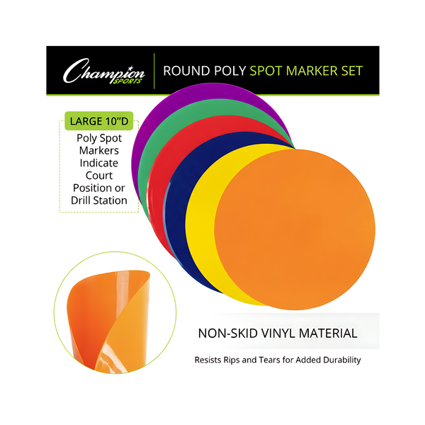 Champion Sports round poly spot marker set featuring 10-inch non-skid vinyl training markers in multiple colors for gym, PE class, and sports drills