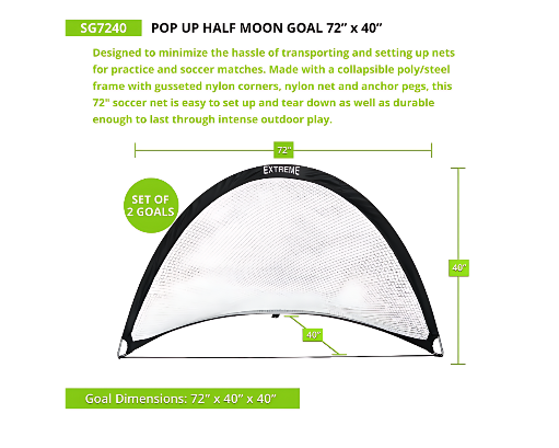 72 x 40 inch pop-up half-moon soccer goal with collapsible poly steel frame, nylon netting, and anchor pegs, sold as a set of two for portable soccer practice