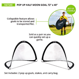 Set of two 72 x 40 inch pop-up half-moon soccer goals with collapsible frames, ground stakes, and carry bag for portable backyard and youth training use