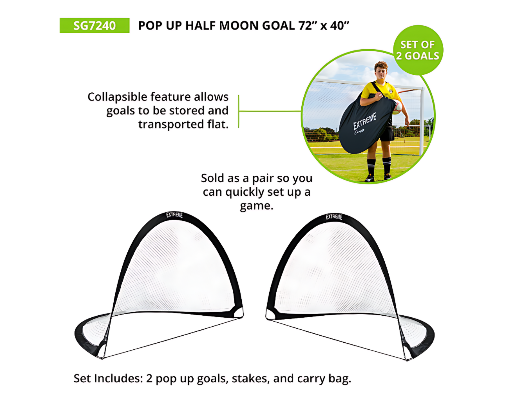 Set of two 72 x 40 inch pop-up half-moon soccer goals with collapsible frames, ground stakes, and carry bag for portable backyard and youth training use