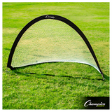 Black half-moon portable pop-up soccer goal set on green grass field with durable white mesh netting, ideal for backyard soccer practice and small-sided games