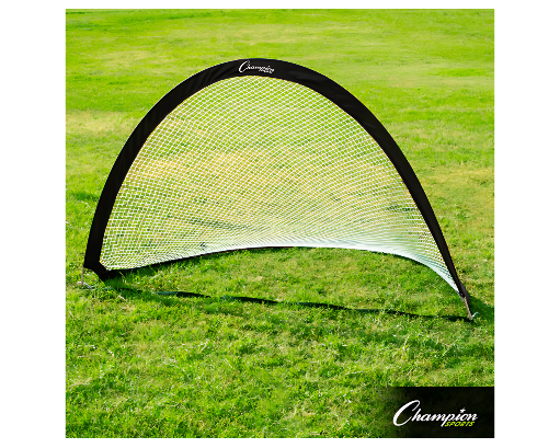 Black half-moon portable pop-up soccer goal set on green grass field with durable white mesh netting, ideal for backyard soccer practice and small-sided games