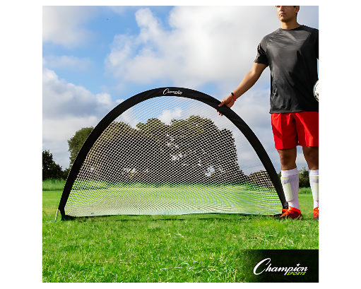 Portable half-moon pop-up soccer goal set up on grass field with player holding frame, durable white mesh net and black flexible frame ideal for backyard and small-sided training