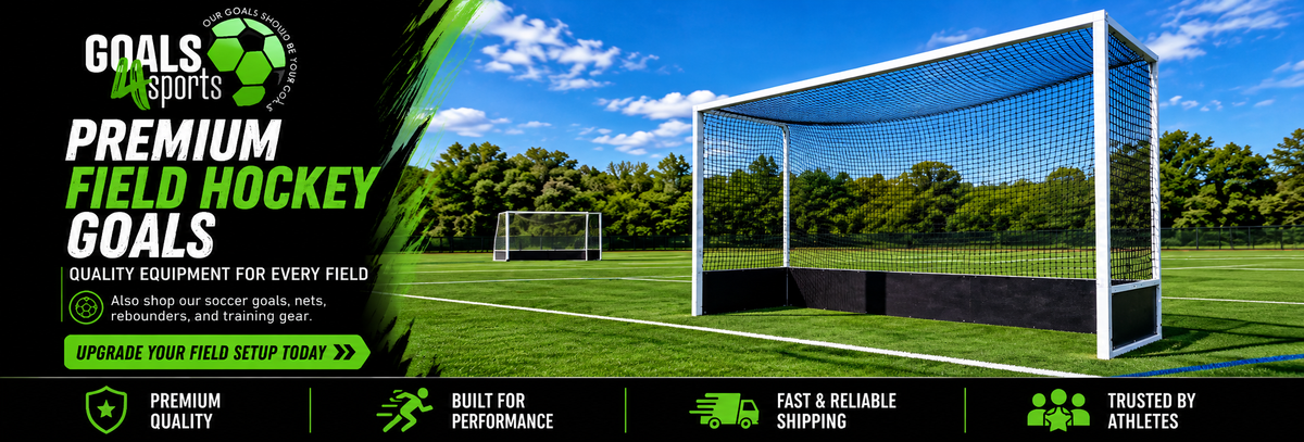 Goals4Sports® Premium Field Hockey Goals banner featuring a full-size field hockey goal with white frame, black backboards, and netting on an outdoor turf field, promoting quality sports equipment.