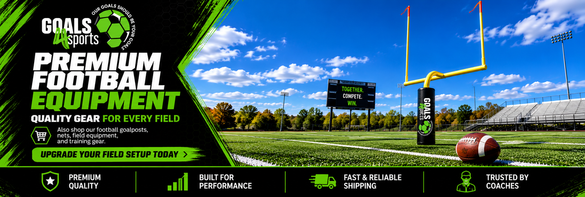 Goals4Sports® Premium Football Equipment banner featuring yellow football goalposts with branded protective padding, a football on artificial turf, stadium bleachers, and a scoreboard.