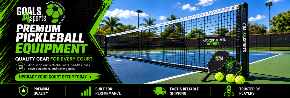 Goals4Sports® Premium Pickleball Equipment banner featuring a pickleball net, branded paddles, and bright green pickleballs on an outdoor blue-and-green court, promoting quality gear for every court.