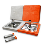 Jaypro Pro-Style Hollywood orange and white double first base with steel stanchions and two removable anchors shown on a white background.